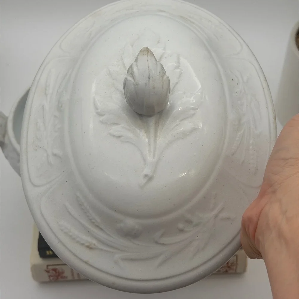 Vintage J Clementson Hanley White Ironstone Wheat Embossed Soup Tureen with Lid